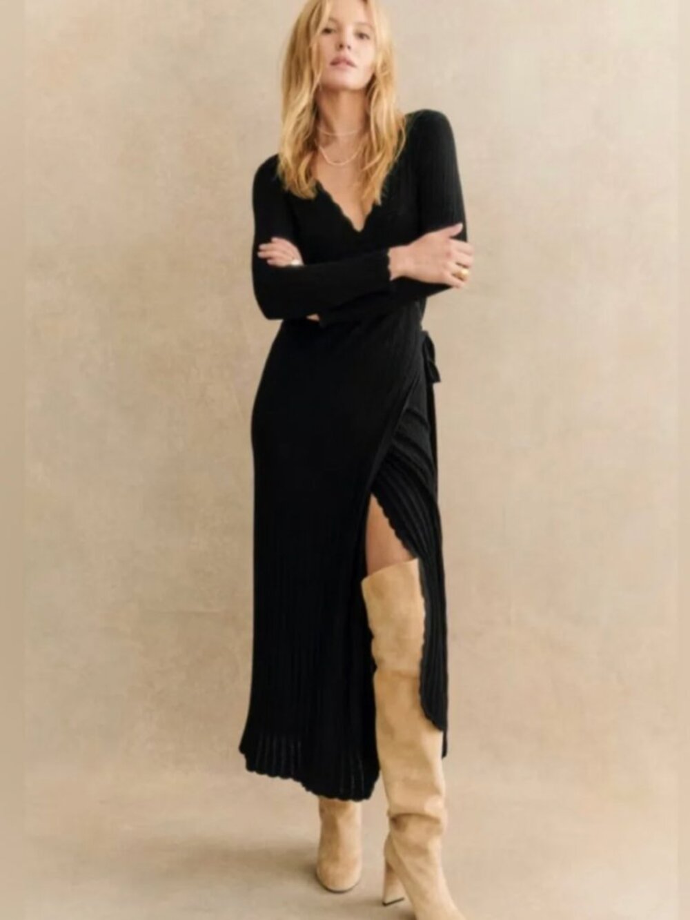 Sezane Cecilia Black Long Sleeve Ribbed Wrap Dress